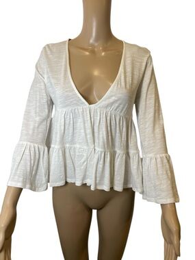 Forever 21 White V-Neck Peplum Bell Sleeve Top